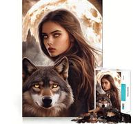 Rompecabezas Lobo y Mujer Bajo la Luna,1000 Piezas,Juego Que estimula el Cerebro,Ajuste Espacios,Entretenimiento Acogedor para Interiores para Todos (50x75cm)
