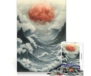 Rompecabezas Luna Roja sobre Mar Tempestuoso para Adultos, 1000 Piezas, Juguete de Lógica, Antiestrés, Corte de Precisión, Regalo para Festivales (38x52cm)