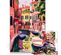 Rompecabezas Minimalista con ilustración de una Escena de los Canales de Venecia en Tonos Pastel,1000 Piezas Ideal para ejercitar la Mente,Relajarse fácilmente y Encontrar (50x75cm)