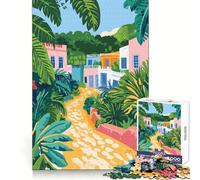Rompecabezas Minimalista de Arte Tropical con diseño de Camino en un Pueblo Pastel para Adolescentes 1000 Piezas Entrenamiento Inteligente Ocio Consciente Corte Impecable Regalo Original (38x52cm)