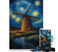 Rompecabezas Molino de Viento bajo una Noche Estrellada,1000 Piezas,Juego Que estimula el Cerebro,Ajuste Espacios,Entretenimiento Acogedor para Interiores para Todos (38x52cm)