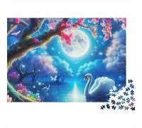 Rompecabezas Moon Lake Premium 1000 Piezas para Adultos Cisne en Lago bajo Luna Llena y Cerezos en Flor Grueso Robusto Vibrante Desafiante Alivio de Estrés Juego 38x26cm/1000pcs