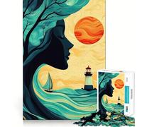 Rompecabezas Mujer,Árbol y Mar 1000 Piezas Juego de lógica y Pensamiento Experto en Corte Artesanía Momento de Tranquilidad Ejercicio Mental en casa (38x52cm)
