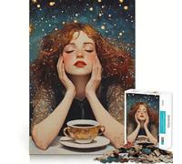 Rompecabezas Mujer con café y Estrellas,1000 Piezas Ejercicio Mental Divertido Piezas de Ajuste preciso Una Forma entretenida de Pasar el Tiempo Libre (38x26cm)