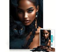 Rompecabezas Mujer con Gato Negro,1000 Piezas,Entrenamiento cognitivo,Piezas Perfectamente encajables,Regalo de cumpleaños,Juguete para ejercitar la Mente (38x26cm)