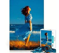 Rompecabezas Mujer con Vestido Azul Junto al mar,1000 Piezas,Juego de ingenio,diseño Ajustado sin Huecos, reuniones Familiares (50x75cm)