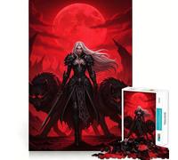 Rompecabezas Mujer Guerrera con Lobos Bajo la Luna Roja 1000 Piezas Desarrollo de Habilidades Diversión Calidad Profesional Recorte Regalo Ideal para la Actividad Mental (38x52cm)