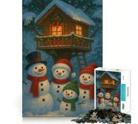 Rompecabezas navideños de la Familia de muñecos de Nieve en la casa del árbol para Adolescentes, 1000 Piezas, colección Recall Upgrade Calm Relax Clear Cut Art Piece (38x26cm)