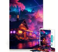 Rompecabezas Neon Cyberpunk Village para Adultos, 1000 Piezas, Juguete para concentrarse, Relajarse, Bordes Ajustados, selección de Deseos de Papá Noel (50x75cm)