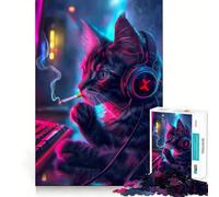 Rompecabezas Neon Gamer Cat de 1000 Piezas para Adultos, Juguete para ejercitar la Mente, Divertido y fácil de armar, Fiestas (50x75cm)