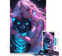 Rompecabezas Neon Girl con Pantera de 1000 Piezas para Adultos, Logic Boost Toy Family Bond Premium Edge Warm Surprise (50x75cm)