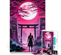 Rompecabezas Neon Samurai bajo la Luna Llena para Adultos, 1000 Piezas, Juguete Intelectual, Alivio del estrés, Corte preciso, (50x75cm)