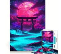 Rompecabezas Neon Torii bajo una Luna carmesí de 1000 Piezas para Adultos Juguete para ejercitar la Mente Fácil de armar Regalo de Temporada (38x52cm)