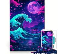 Rompecabezas Neon Wave y Torii Gate de 1000 Piezas para Adultos Juguete de lógica Resistente, antiestrés, con Bordes Transparentes Regalo Original (38x26cm)