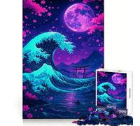 Rompecabezas Neon Wave y Torii Gate de 1000 Piezas para Adultos Juguete de lógica Resistente, antiestrés, con Bordes Transparentes Regalo Original (38x26cm)