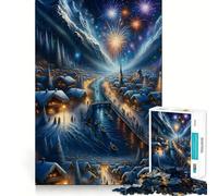 Rompecabezas Noche de Fuegos Artificiales en un Pueblo Invernal 1000 Piezas Juego de concentración Mental Corte de precisión Bordes Lisos Actividad Absorbente para Noches tranquilas (38x52cm)