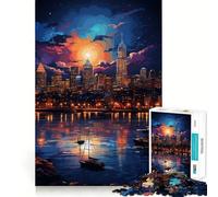 Rompecabezas Nocturno de la Ciudad de Boston con Luces de neón para Adolescentes, 1000 Piezas, Juguete para ejercitar la Mente y aliviar el estrés, Corte Premium, Regalo increíble (38x26cm)