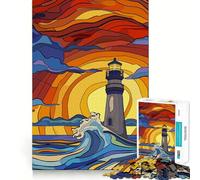 Rompecabezas Original de 1000 Piezas Faro contra Las Olas al Atardecer para Adolescentes Juguete de lógica y suavidad para Relajarse Corte preciso Regalo Ideal (50x75cm)