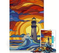 Rompecabezas Original de 1000 Piezas Faro contra Las Olas al Atardecer para Adolescentes Rompecabezas con Efecto Lifting, luz Relajante y una Imagen armoniosa (38x52cm)