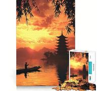 Rompecabezas Pagoda al Atardecer y Pescador para Adultos 1000 Piezas Think Smart Toy Home Disfruta de un Corte Preciso Arte Decorativo para Pared 38x52cm