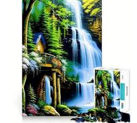 Rompecabezas Paisaje Cabaña Cascada para Adolescentes 1000 Piezas Mejora Mental Juego Tamaño Uniforme Piezas Precisas Diversión Familiar Actividad Nocturna (50x75cm)