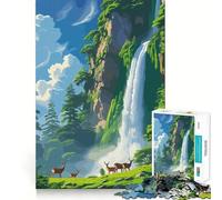 Rompecabezas Paisaje de Cascada con Ciervos 1000 Piezas Desarrollo de Habilidades de Memoria Diversión Calidad Profesional Recorte Regalo Ideal para la Actividad Mental (38x26cm)