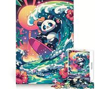 Rompecabezas Panda Surfing Sunset de 1000 Piezas para Adolescentes Mejora la Memoria, sin estrés, Bordes Ajustados, decoración de Pared (38x52cm)