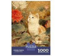 Rompecabezas para Adolescentes 1000 Cat Among Flowers Vintage Painting Rompecabezas para Adultos Juego Práctico Patrón De Ensamblaje Oferta como Regalos para Toda La Familia 38x26cm/1000pcs