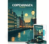 Rompecabezas para Adolescentes 1000 Copenhague,Dinamarca Paisaje Urbano Nocturno Juego de Corte Exacto Acertijo Regalo de Juego Tranquilo Regalo de Arte navideño (50x75cm)