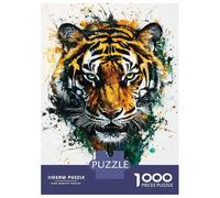 Rompecabezas para Adolescentes 1000 Fierce Tiger Watercolor Art Print Bold Wall Decor for Nature Lovers Tiger Portrait with Splashes... Rompecabezas para Adultos Juego Práctico Patrón De Ensamblaje