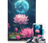 Rompecabezas para Adolescentes 1000 Flores de Loto Rosas bajo una Luna Azul Juguetes para armar decoración para el hogar Toda la Familia 50x75cm