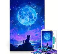 Rompecabezas para Adolescentes 1000 Gato Mirando a la Luna Corte preciso Divertido Juego Creativo para el Cerebro Relajarse Tiempo Divertido Arte (50x75cm)