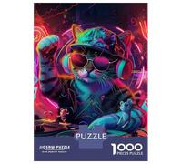 Rompecabezas para Adolescentes 1000 Neon Cat DJ Art Print Rompecabezas para Adultos Juego Práctico Mejora La Memoria para Cumpleaños, Navidad 52x38cm/1000pcs