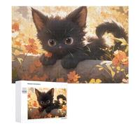 Rompecabezas para Adolescentes 1000 PCS Adorable Black Kitten in Flowers Rompecabezas Juguetes Antiestrés Decoración Diversión En Casa Actividades, 1000 PCS