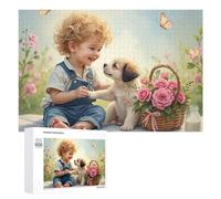 Rompecabezas para Adolescentes 1000 PCS Baby with Puppy and Flowers Basket Rompecabezas para Adultos Juguetes De Bricolaje Desafío Difícil Cumpleaños 1000 PCS