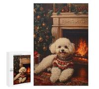 Rompecabezas para Adolescentes 1000 PCS Bichon Frise in Sweater Christmas Dog by Fireplace Painting Rompecabezas para Adolescentes Juguetes Antiestrés Mejora La Memoria 1000 PCS