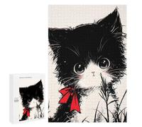 Rompecabezas para Adolescentes 1000 PCS Cute Black and White Neko Cat with Red Bow Rompecabezas para Adultos Juego Práctico Carrera De Velocidad Manual Desafío Educativo 1000 PCS