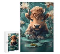 Rompecabezas para Adolescentes 1000 PCS Cute Calf with Frog in Pond Rompecabezas para Adultos Juegos Relajantes Decoración Actividades Divertidas En Casa 1000 PCS