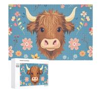 Rompecabezas para Adolescentes 1000 PCS Cute Highland Cow Floral Background Rompecabezas Juguetes Antiestrés Decoración Diversión En Casa Actividades, 1000 PCS