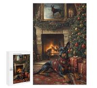 Rompecabezas para Adolescentes 1000 PCS Doberman in Festive Sweater Dog Christmas Portrait by Fireplace Rompecabezas para Adultos Juegos Relajantes Pero Divertidos Y Humorísticos
