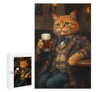 Rompecabezas para Adolescentes 1000 PCS Orange Tabby Cat in A Pub Holding A Beer Rompecabezas Juguetes Antiestrés Corte De Precisión Interacción Entre Padres E Hijos 1000 PCS