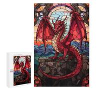 Rompecabezas para Adolescentes 1000 PCS Red Dragon Stained Glass Rompecabezas para Adultos Juguetes Antiestrés para La Diversión Familiar Interacción Entre Padres E Hijos 1000 PCS