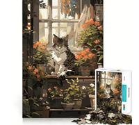Rompecabezas para Adolescentes 1000 Piezas Anime de Gatos Ventana Recorte preciso Divertido Creativo Juego de Cerebro Relajante Tiempo de diversión Regalo de Arte de Navidad (50x75cm)