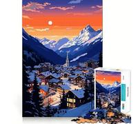Rompecabezas para Adolescentes 1000 Piezas Atardecer Suizo Pueblo nevado Corte preciso Divertido Creativo Juego Mental Relajante Tiempo de diversión Arte (50x75cm)