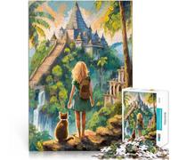 Rompecabezas para Adolescentes 1000 Piezas Aventura en el Templo con un Gato Difícil y desafío con póster a Juego y Hoja de Trivia 38x26cm
