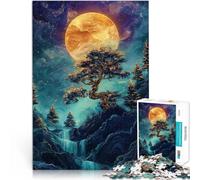 Rompecabezas para Adolescentes 1000 Piezas Bonsái con Cascada iluminada por la Luna, Japón Aprendizaje Educativo Una Obra de Arte 52x38cm