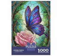 Rompecabezas para Adolescentes 1000 Piezas Butterfly on Rose Stained Glass Art Rompecabezas para Adultos Juguete Decoración De Pared Corte De Precisión Ayuda A Ejercitar El Cerebro 70x50cm/1000pcs