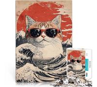 Rompecabezas para Adolescentes 1000 Piezas Cool Cat en la Gran Ola Juguete Educativo para aliviar el estrés Una Obra de Arte 75x50cm