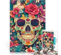Rompecabezas para Adolescentes 1000 Piezas Cráneo en Flores Juguetes para aliviar el estrés con póster a Juego y Hoja de Trivia 75x50cm