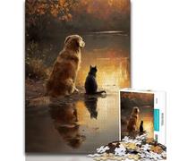 Rompecabezas para Adolescentes: 1000 Piezas de Golden Retriever y Gato para Adultos Ideal para aliviar el estrés Pasar el rato en casa interacción Entre Padres e Hijos 75x50cm